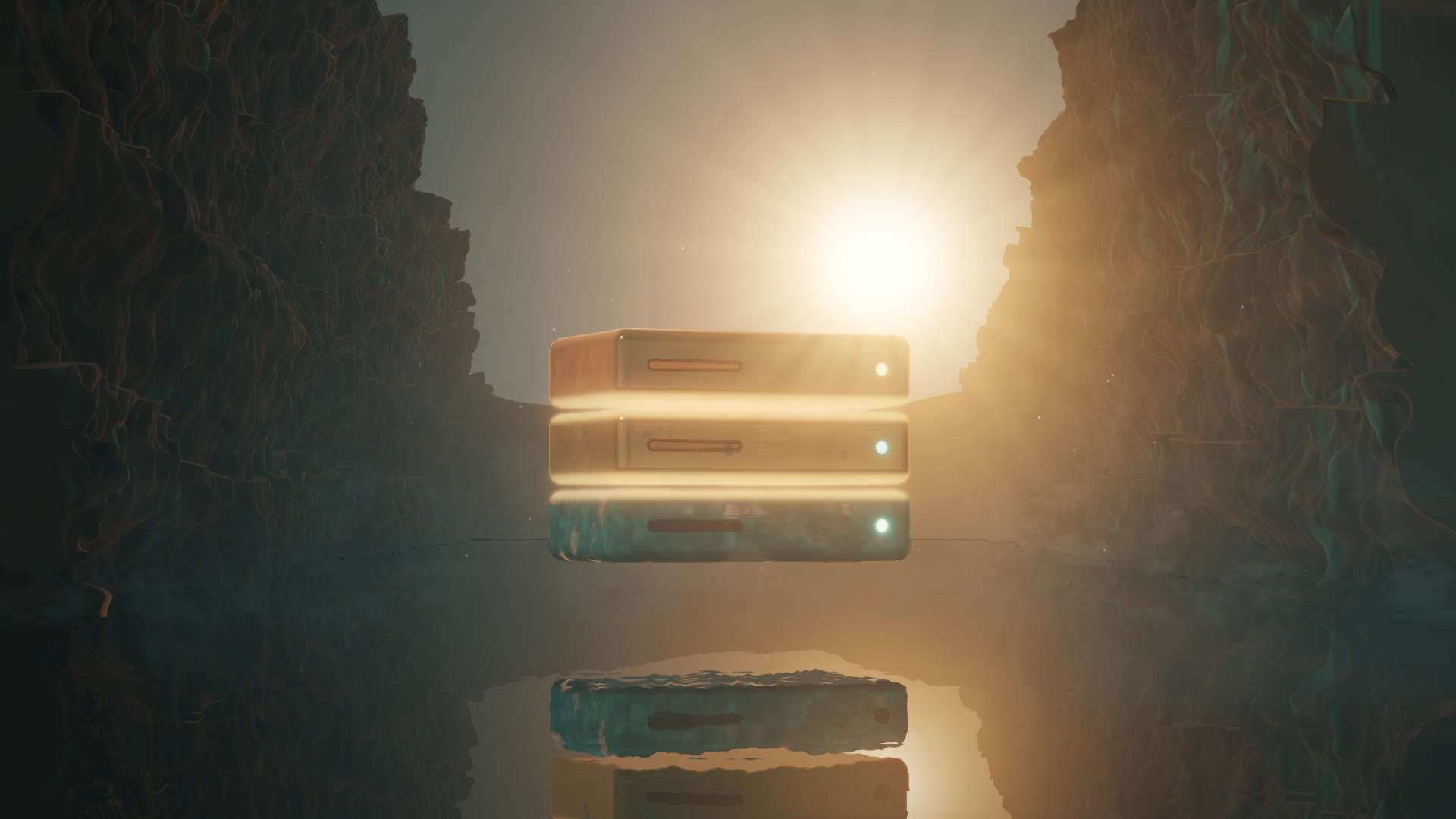 A stack of three copper, bronze and patina slabs hovering above still water in a verdigris-streaked canyon, backlit by a low sun, glowing between the slabs.